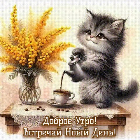 Открытка «Кот»: Прекрасное утро! Милый котенок с кофе и мимозой. Тэги: пожелание, утро, красивая, кофе, позитив…