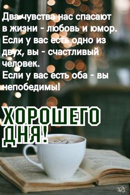 Открытка «Пожелание»: Мудрое пожелание на хороший день: любовь и юмор. Тэги: юмор, красивая, кофе, позитив, чашка…