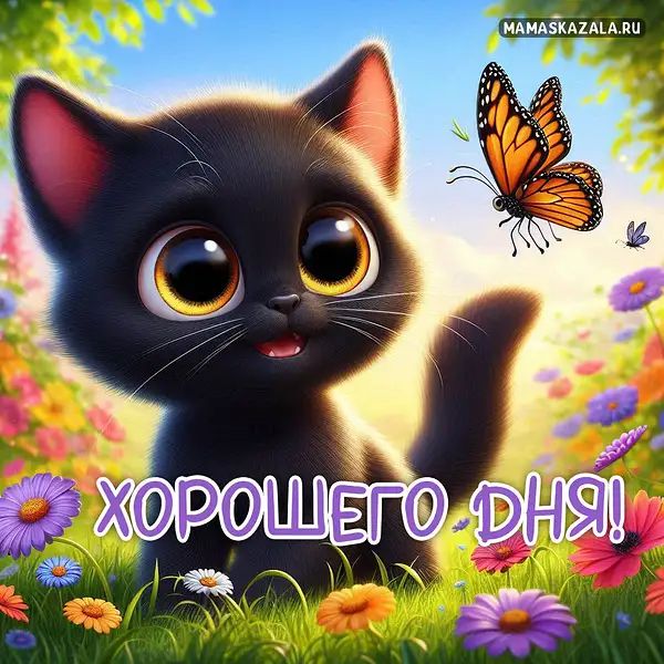 Открытка «Кот»: Хорошего дня! Милый котик и бабочка для настроения. Тэги: животное, пожелание, красивая, позитив…