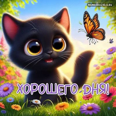 Открытка «Кот»: Хорошего дня! Милый котик и бабочка для настроения. Тэги: животное, пожелание, красивая, позитив…