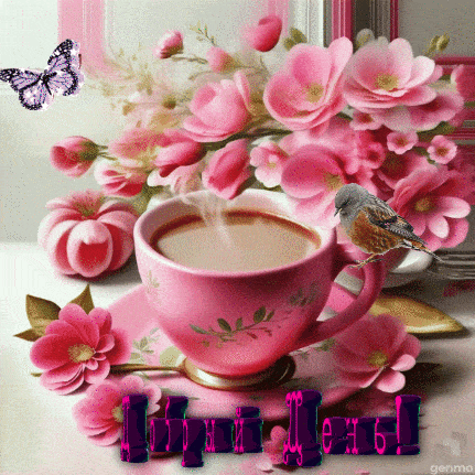 Открытка «Пожелание»: Добрый день! Красивая открытка с цветами и кофе. Тэги: красивая, кофе, хорошее настроение…