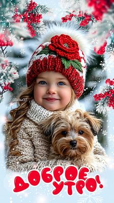 Открытка «Пожелание»: Доброе утро с улыбкой! Девочка, щенок и зима. Тэги: улыбка, шапка, утро, красивая, позитив…