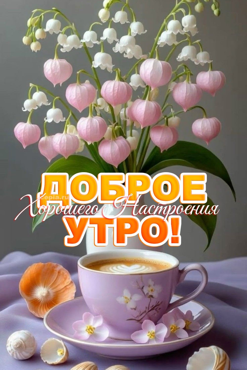 Открытка «Пожелание»: Доброе утро и прекрасное настроение. Тэги: утро, красивая, кофе, позитив, хорошее настроение…