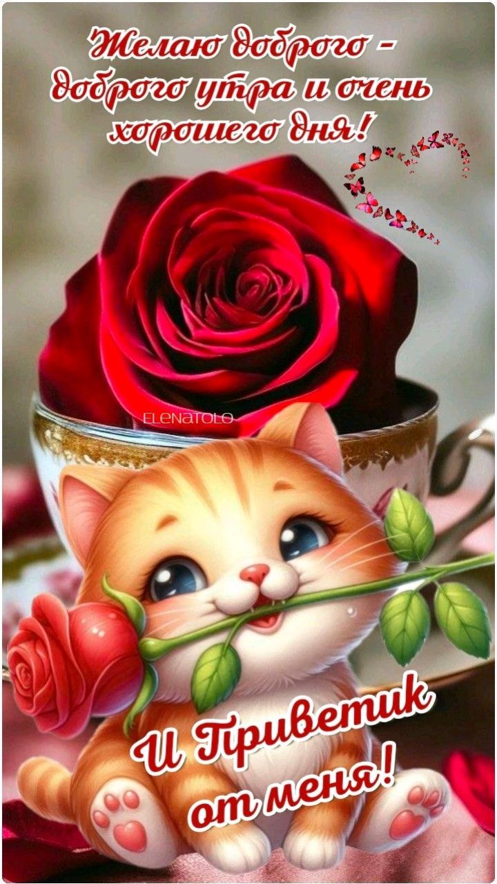 Открытка «Кот»: Котик желает доброго утра и хорошего дня!. Тэги: животное, пожелание, прикольная, улыбка, позитив…