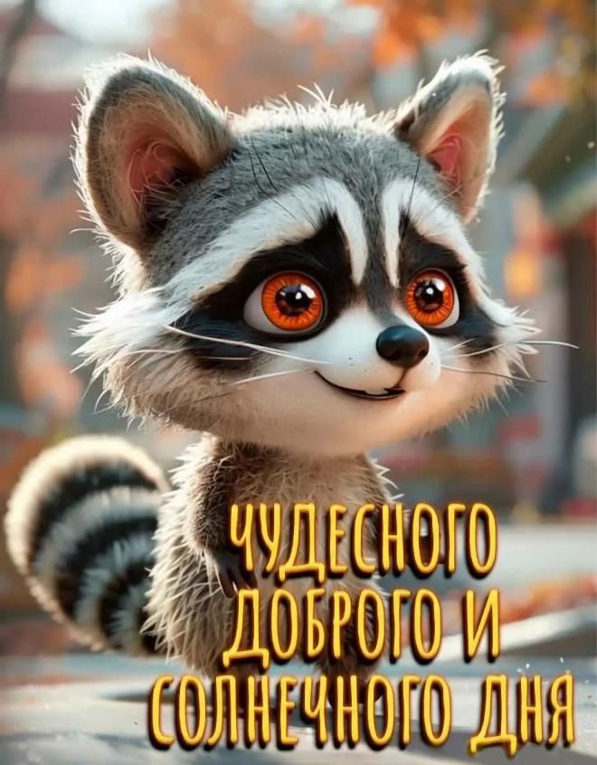 Открытка «Животное»: Чудесного дня! Открытка с добрым енотом. Тэги: пожелание, прикольная, улыбка, красивая, позитив…