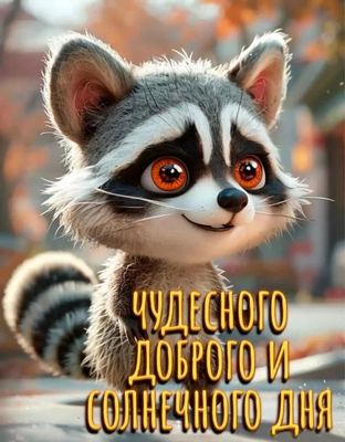Открытка «Животное»: Чудесного дня! Открытка с добрым енотом. Тэги: пожелание, прикольная, улыбка, красивая, позитив…