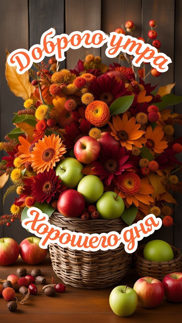 Открытка «Пожелание»: Доброго утра и хорошего дня! Осенние цветы и яблоки. Тэги: утро, красивая, позитив, радость…