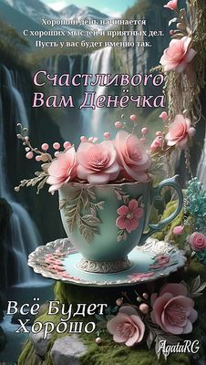 Открытка «Пожелание»: Счастливого Денёчка и прекрасных пожеланий. Тэги: утро, красивая, цветок, чашка, настроение…