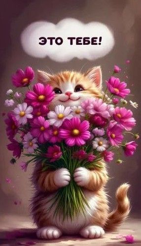 Открытка «Кот»: ЭТО ТЕБЕ! Милый кот и прекрасный букет для настроения. Тэги: животное, пожелание, улыбка, красивая…