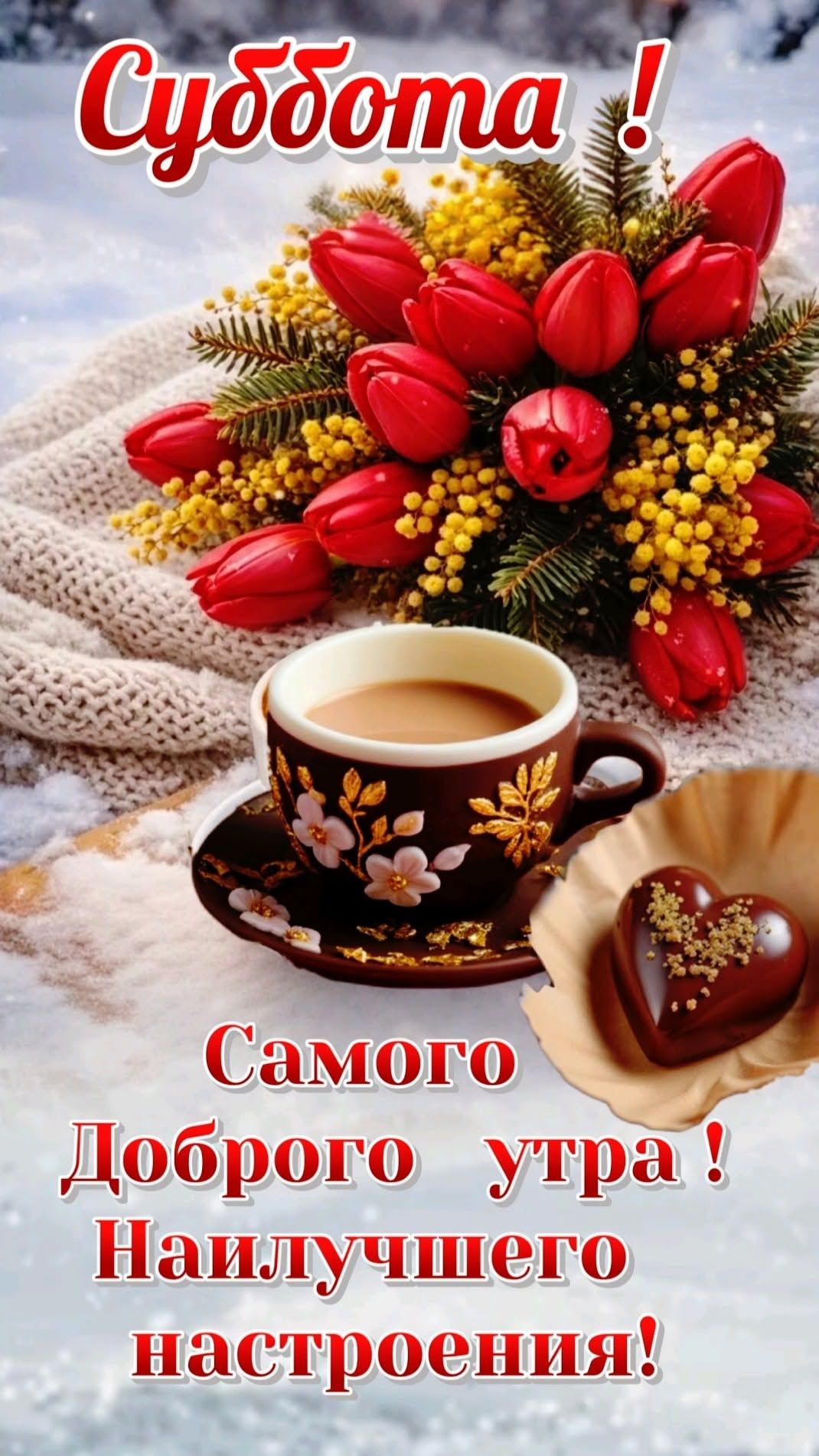 Открытка «Пожелание»: Суббота! Доброе утро и наилучшего настроения!. Тэги: красивая, кофе, сердце, цветок, чашка…