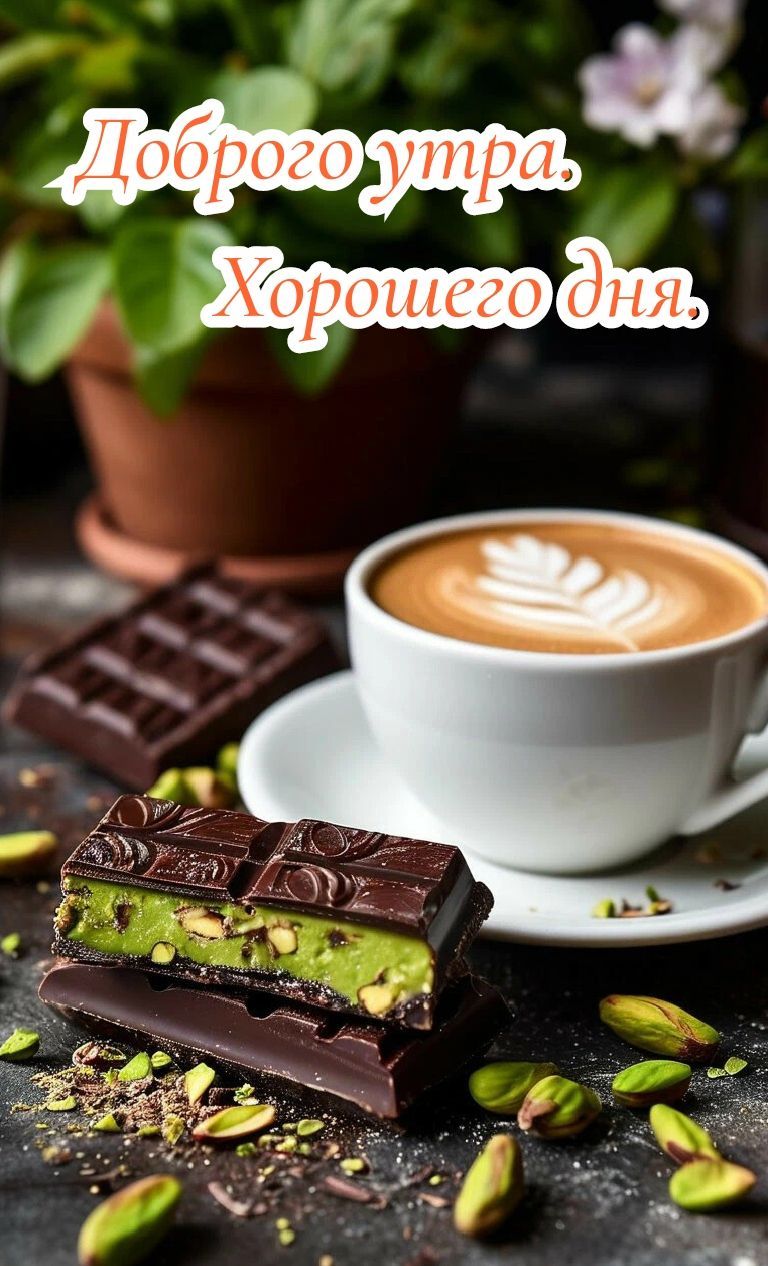 Открытка «Пожелание»: Доброго утра и хорошего дня – кофе и шоколад. Тэги: утро, красивая, кофе, позитив, хорошее наст…