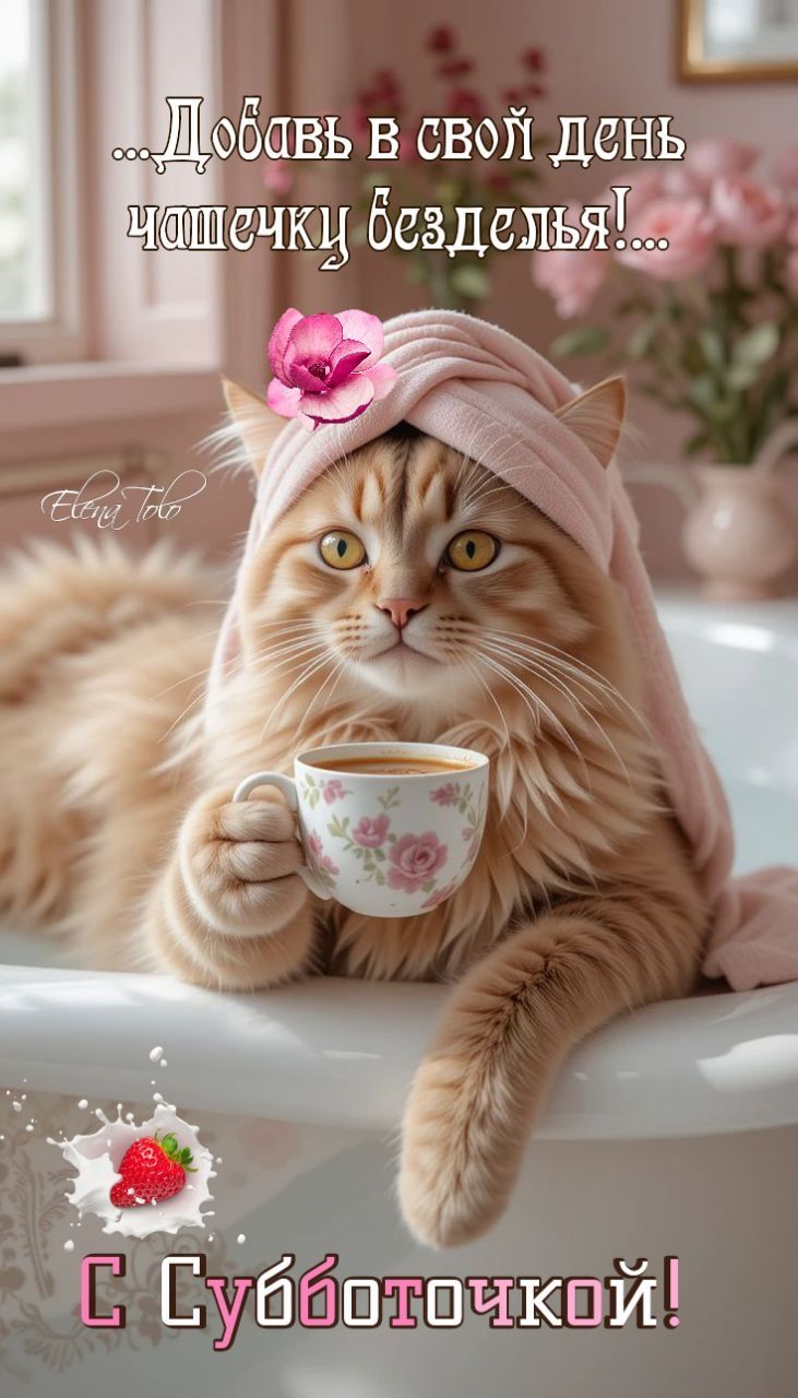 Открытка «Кот»: С Субботочкой! Безделье, позитив и прекрасное настроение. Тэги: животное, пожелание, утро, красивая…