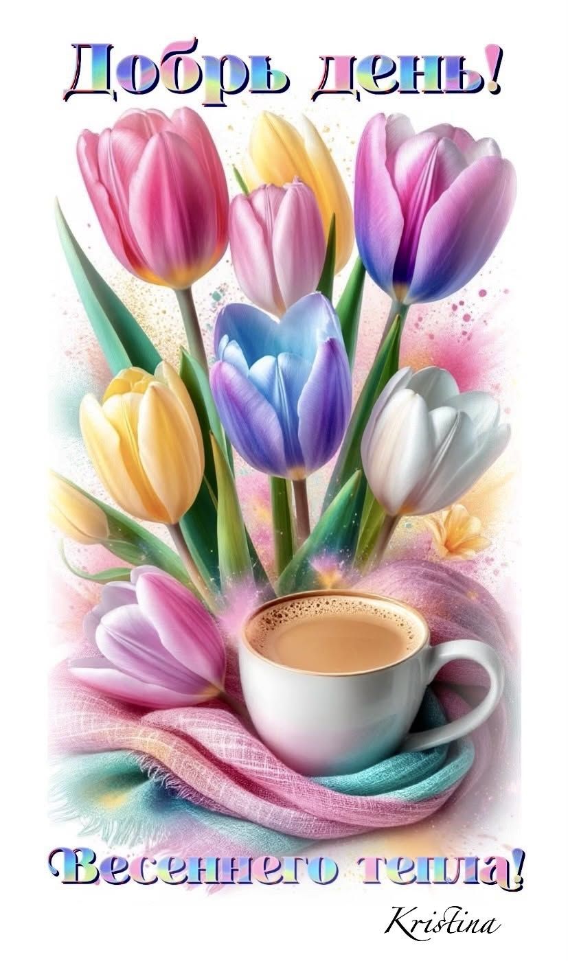 Открытка «Пожелание»: Добрый день! Весеннее тепло и букет тюльпанов. Тэги: улыбка, шарф, кофе, позитив, хорошее настр…