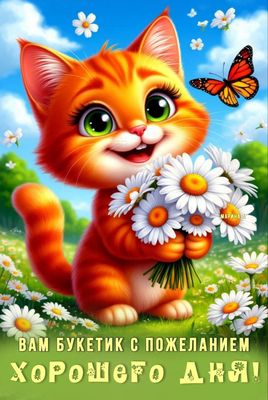 Открытка «Кот»: Хорошего дня! Котик с букетом ромашек. Тэги: животное, пожелание, улыбка, красивая, позитив, радость…