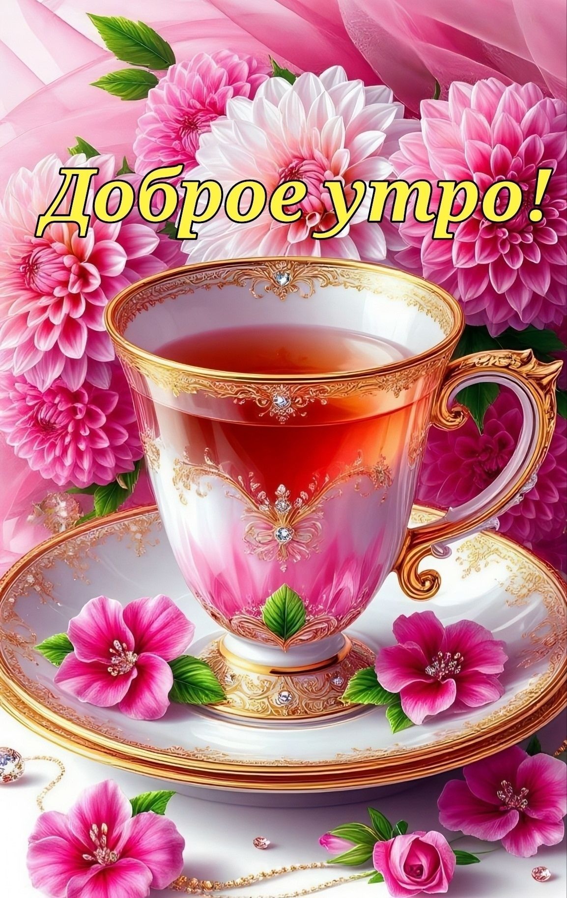 Открытка «Пожелание»: Доброе утро! Нежное пожелание с цветами и чаем. Тэги: утро, подруга, женщина, красивая, позитив…