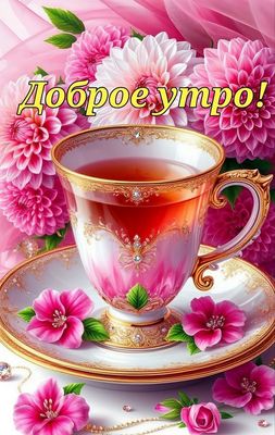 Открытка «Пожелание»: Доброе утро! Нежное пожелание с цветами и чаем. Тэги: утро, подруга, женщина, красивая, позитив…