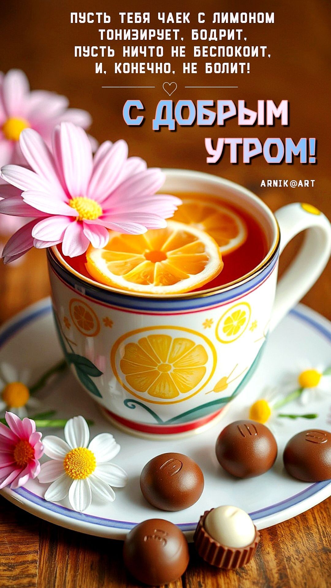 Открытка «Пожелание»: С добрым утром! Чай с лимоном и хорошие пожелания. Тэги: утро, красивая, позитив, хорошее настр…