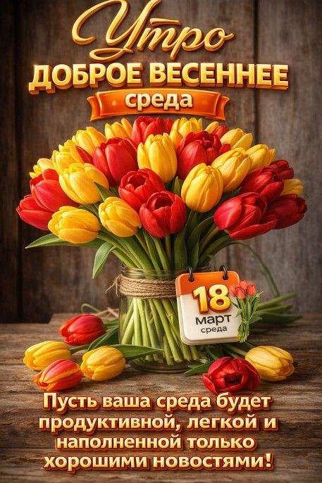 Открытка «Пожелание»: Доброе весеннее утро среды: пожелание и тюльпаны. Тэги: улыбка, красивая, позитив, радость…