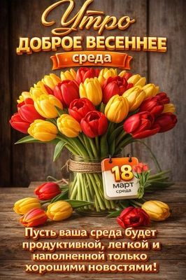 Открытка «Пожелание»: Доброе весеннее утро среды: пожелание и тюльпаны. Тэги: улыбка, красивая, позитив, радость…