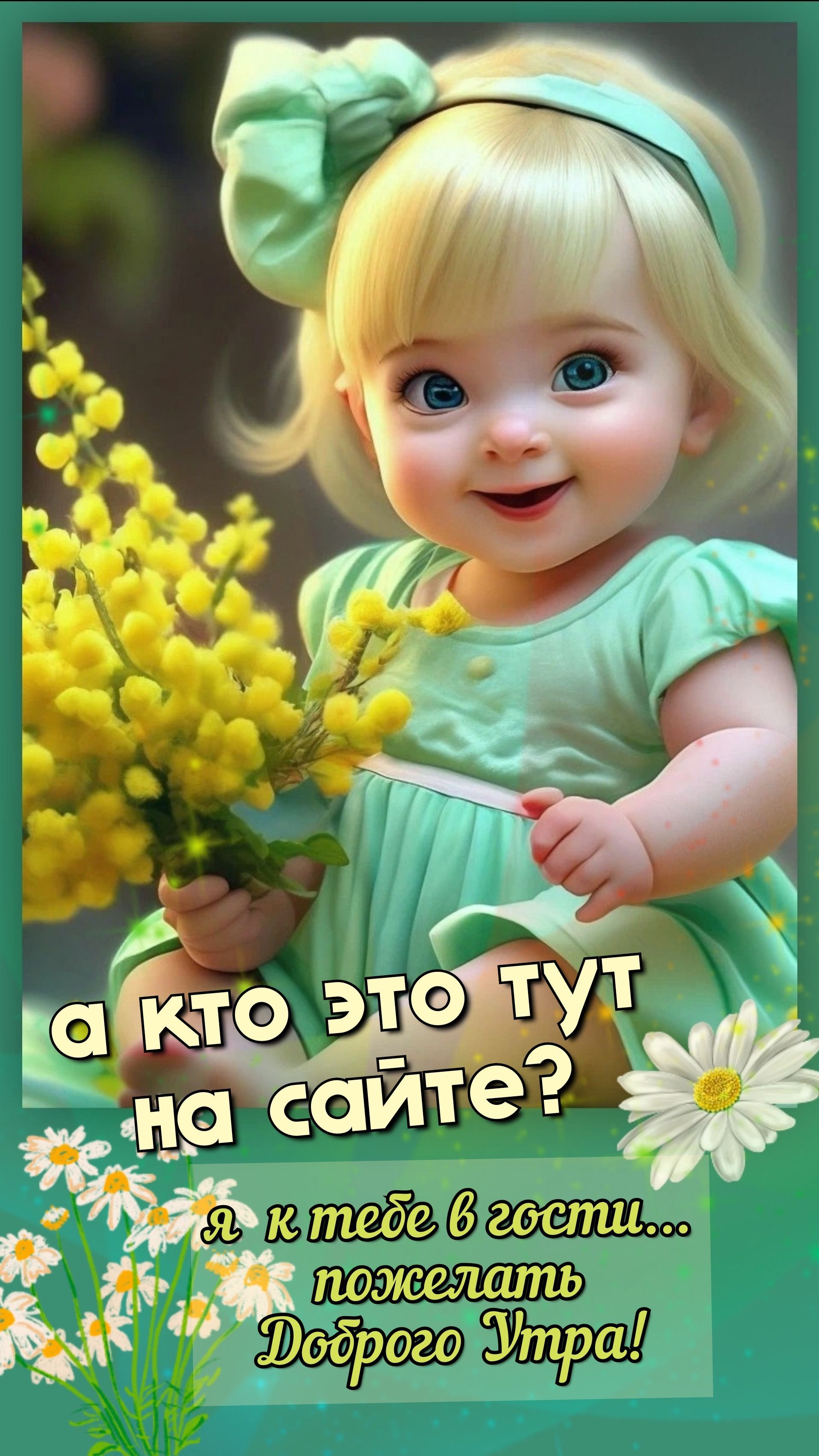 Открытка «Пожелание»: Милая девочка с мимозой желает Доброго Утра!. Тэги: улыбка, утро, красивая, позитив, радость…