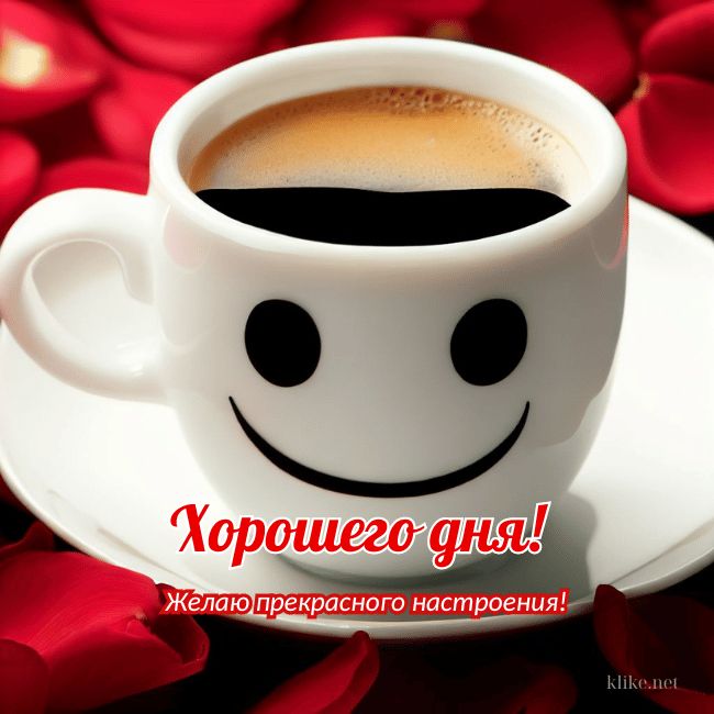 Открытка «Пожелание»: Хорошего дня! Кофе и прекрасное настроение. Тэги: улыбка, друг, подруга, кофе, позитив, радость…