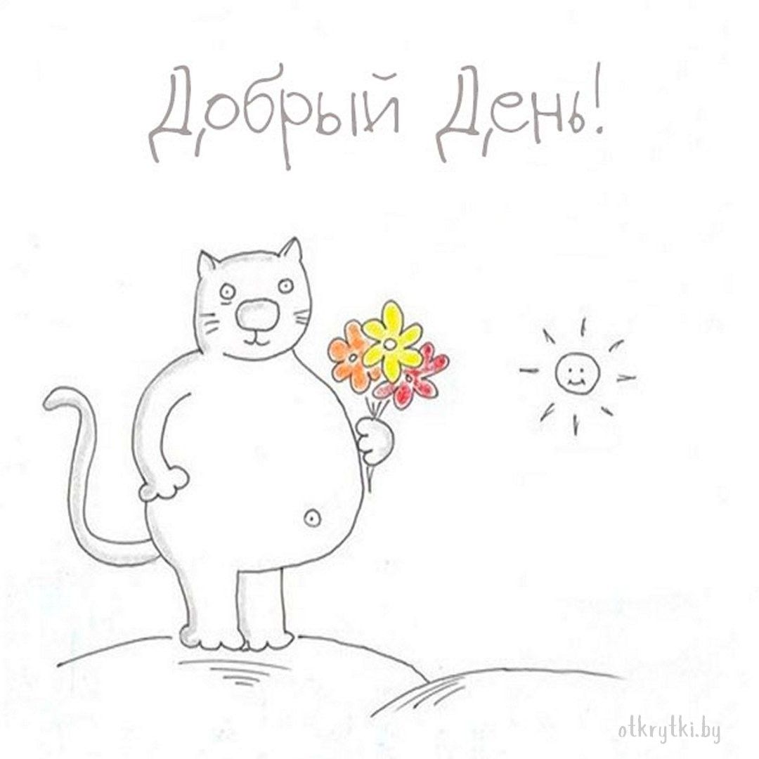 Открытка «Добрый день»: Добрый день! Кот с цветами и улыбкой солнца. Тэги: Добрый день и добрые пожелания, Добрый день…