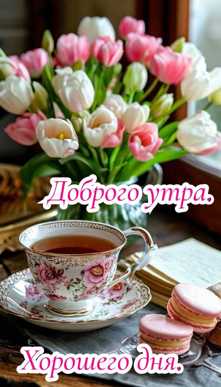 Открытка «Пожелание»: Доброе утро! Нежные тюльпаны, чай, хорошего дня. Тэги: утро, красивая, цветок, чай, чашка…