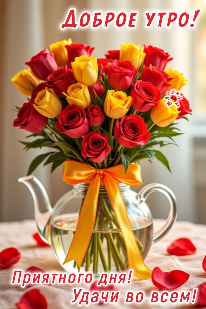 Открытка «Пожелание»: Доброе утро! Красивый букет роз с пожеланием удачи. Тэги: утро, красивая, позитив, радость…
