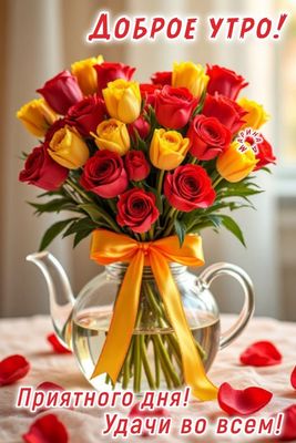 Открытка «Пожелание»: Доброе утро! Красивый букет роз с пожеланием удачи. Тэги: утро, красивая, позитив, радость…