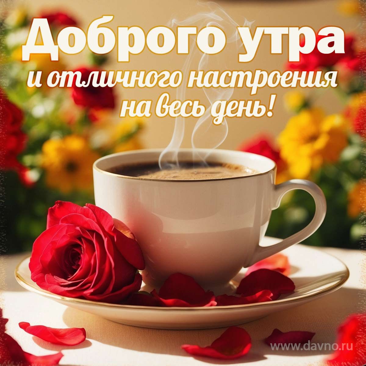 Открытка «Пожелание»: Доброе утро и отличное настроение с розой и кофе. Тэги: отличное настроение, утро, красивая…