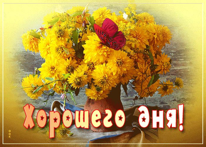 Открытка «Пожелание»: Хорошего дня! Яркий букет цветов с бабочкой. Тэги: красивая, позитив, радость, цветок, настроен…