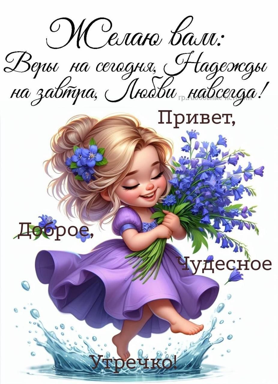 Открытка «Пожелание»: Доброе утречко! Пожелание Веры, Надежды, Любви. Тэги: улыбка, утро, красивая, позитив, радость…