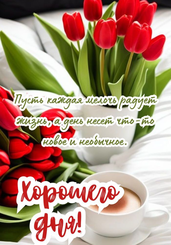 Открытка «Пожелание»: Хорошего дня! Открытка с тюльпанами и теплым пожеланием. Тэги: друг, женщина, красивая, кофе…