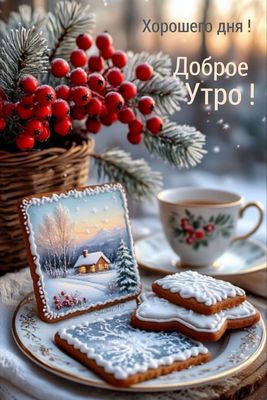 Открытка «Пожелание»: Доброе утро и хорошего дня! Зимнее пожелание. Тэги: утро, красивая, чай, чашка, зима, хороший д…