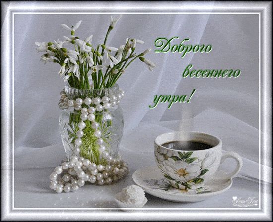 Открытка «Пожелание»: Доброго весеннего утра! Красивая открытка. Тэги: утро, красивая, кофе, цветок, чашка, настроение…
