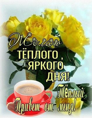 Открытка «Пожелание»: Пожелание тёплого, яркого дня с розами. Тэги: друг, подруга, мужчина, женщина, красивая, кофе…