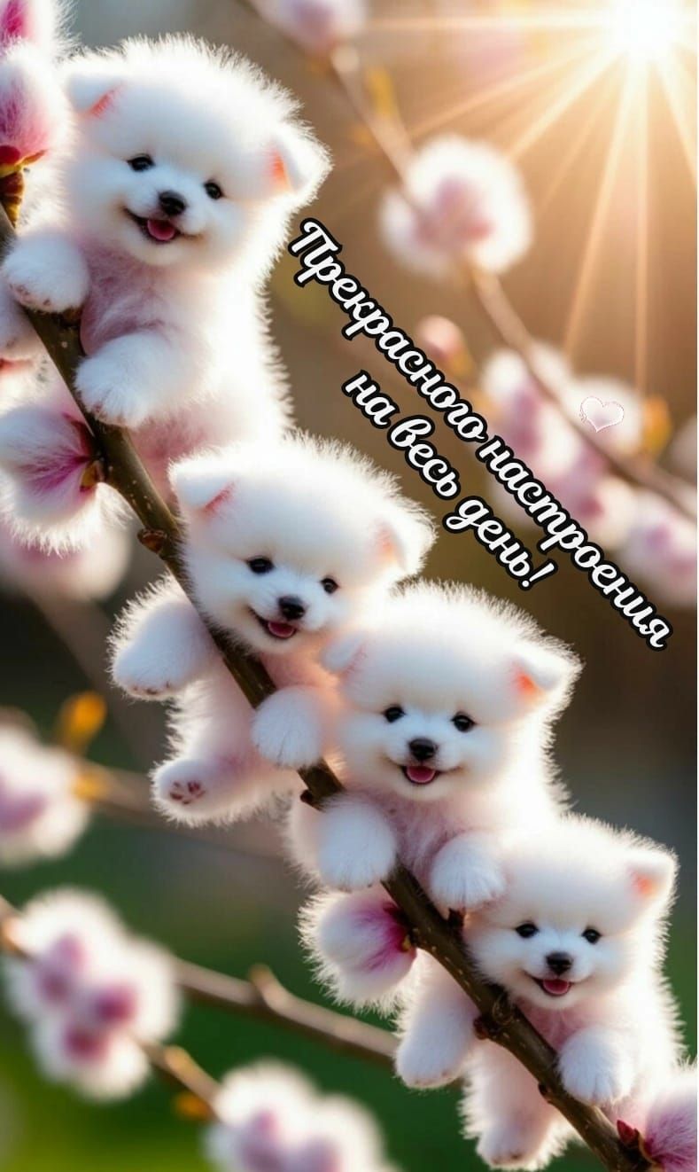 Открытка «Животное»: Открытка: Прекрасного настроения! Милые щенки. Тэги: пожелание, улыбка, позитив, радость, цветок…
