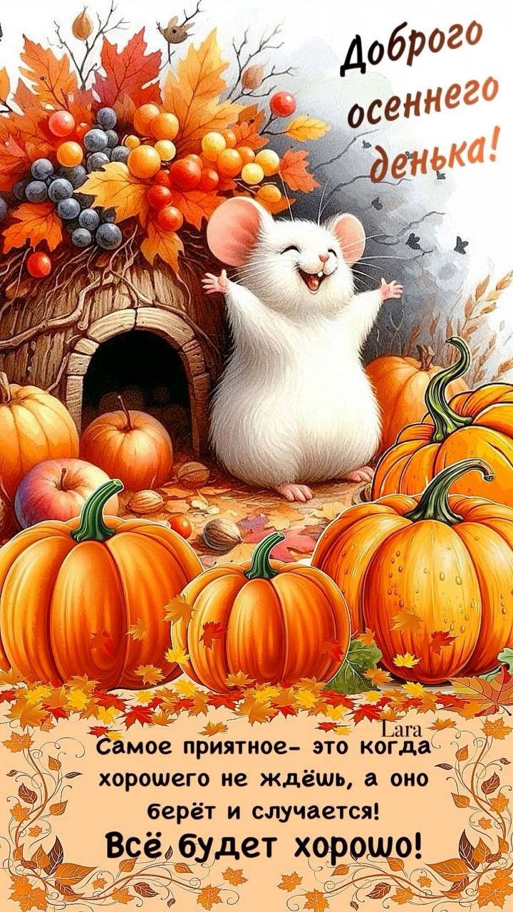 Открытка «Добрый день»: Осенний день: Мышонок, тыквы и прекрасное настроение. Тэги: Добрый день и добрые пожелания…