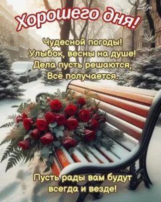 Открытка «Пожелание»: Хорошего дня! Теплое пожелание с розами и снегом. Тэги: улыбка, красивая, позитив, радость…