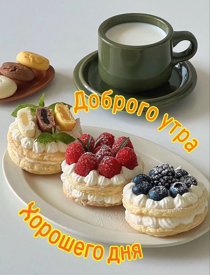 Открытка «Пожелание»: Сладкое доброе утро и хорошего дня. Тэги: утро, красивая, позитив, печенье, чашка, настроение…