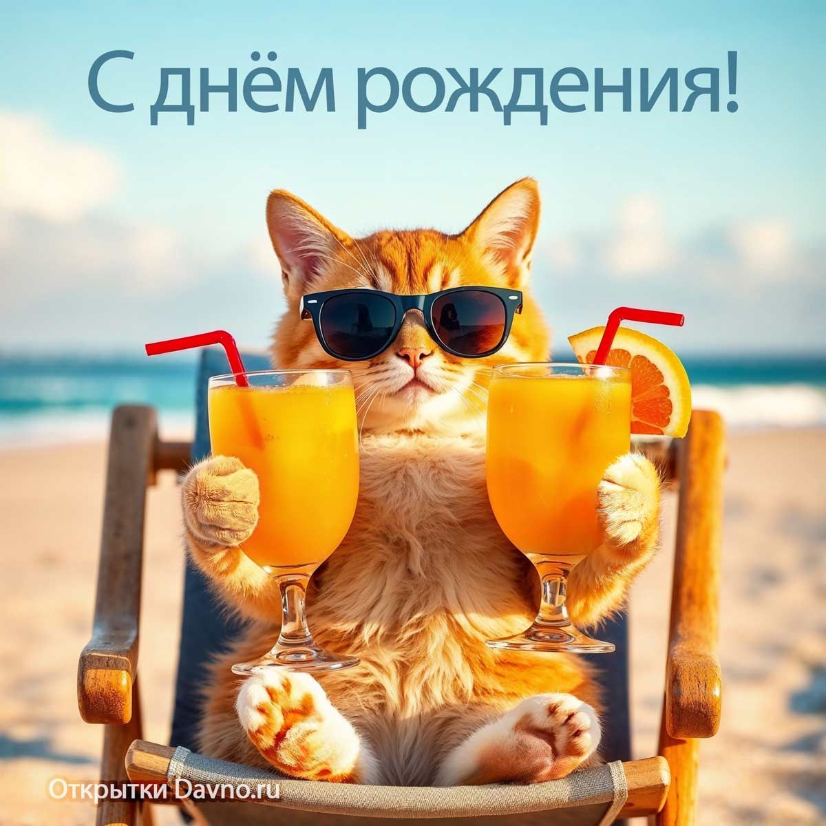 Открытка «Добрый день»: С днём рождения: прикольный кот на пляже с соком. Тэги: Добрый день и добрые пожелания…