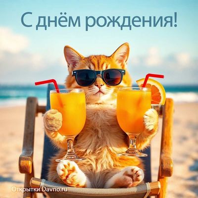 Открытка «Добрый день»: С днём рождения: прикольный кот на пляже с соком. Тэги: Добрый день и добрые пожелания…