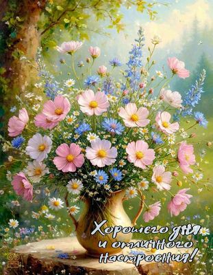 Открытка «Пожелание»: Хорошего дня и отличного настроения! Букет цветов. Тэги: отличное настроение, улыбка, красивая…