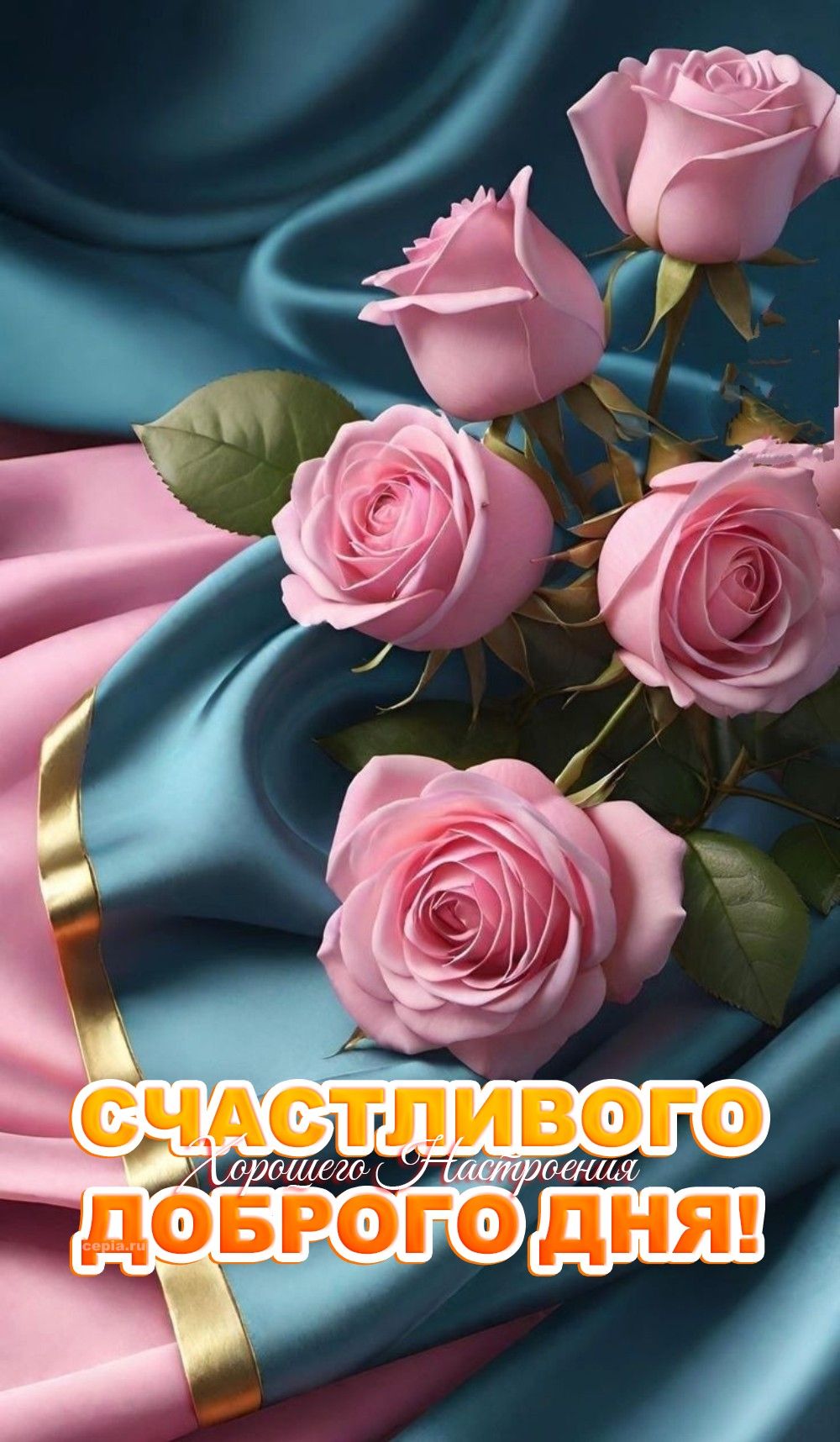 Открытка «Добрый день»: Счастливого дня и хорошего настроения с розами. Тэги: Добрый день и добрые пожелания, Добрый…