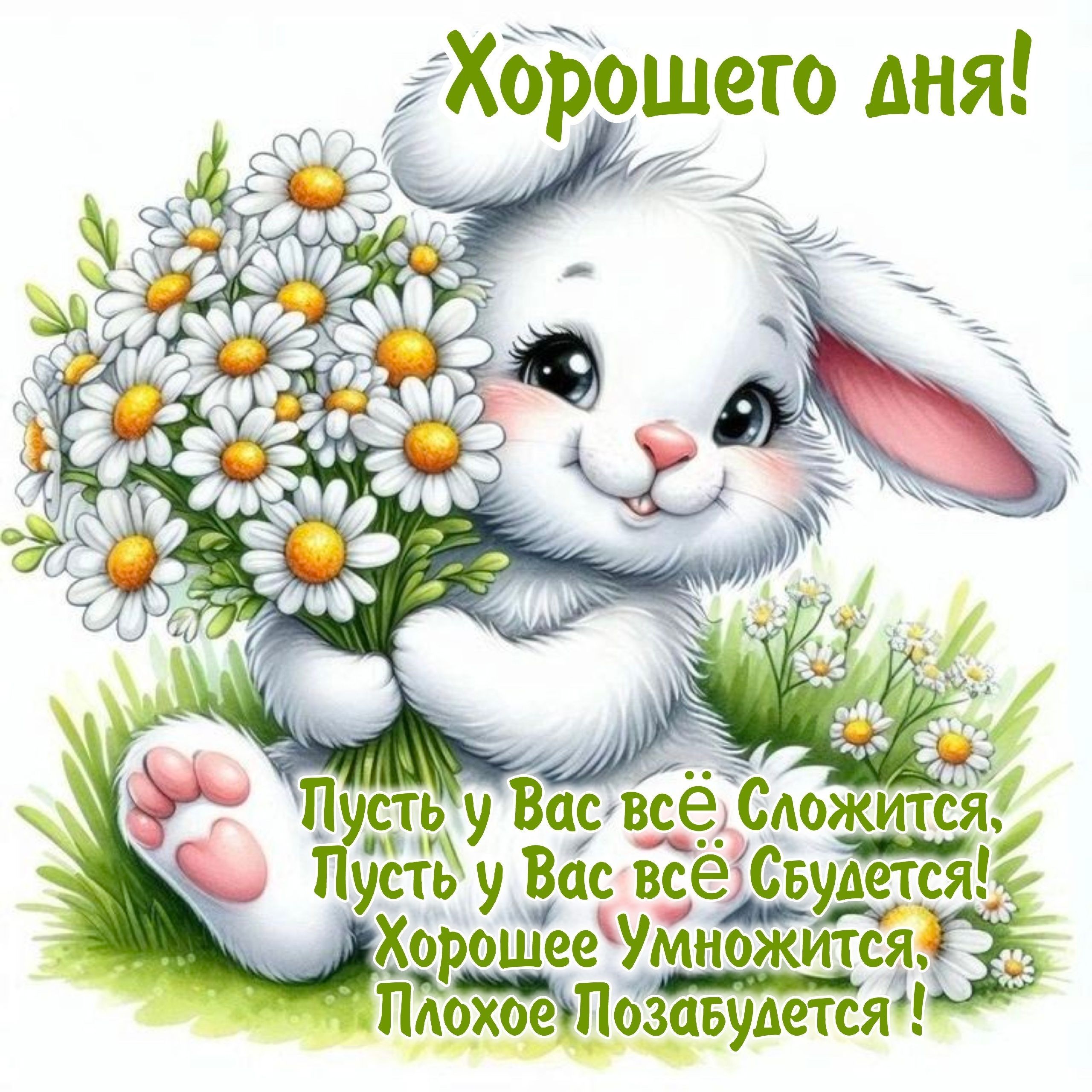 Открытка «Хорошего дня»: Хорошего дня! Милый кролик с букетом ромашек. Тэги: Добрый день, Добрый день и добрые пожела…