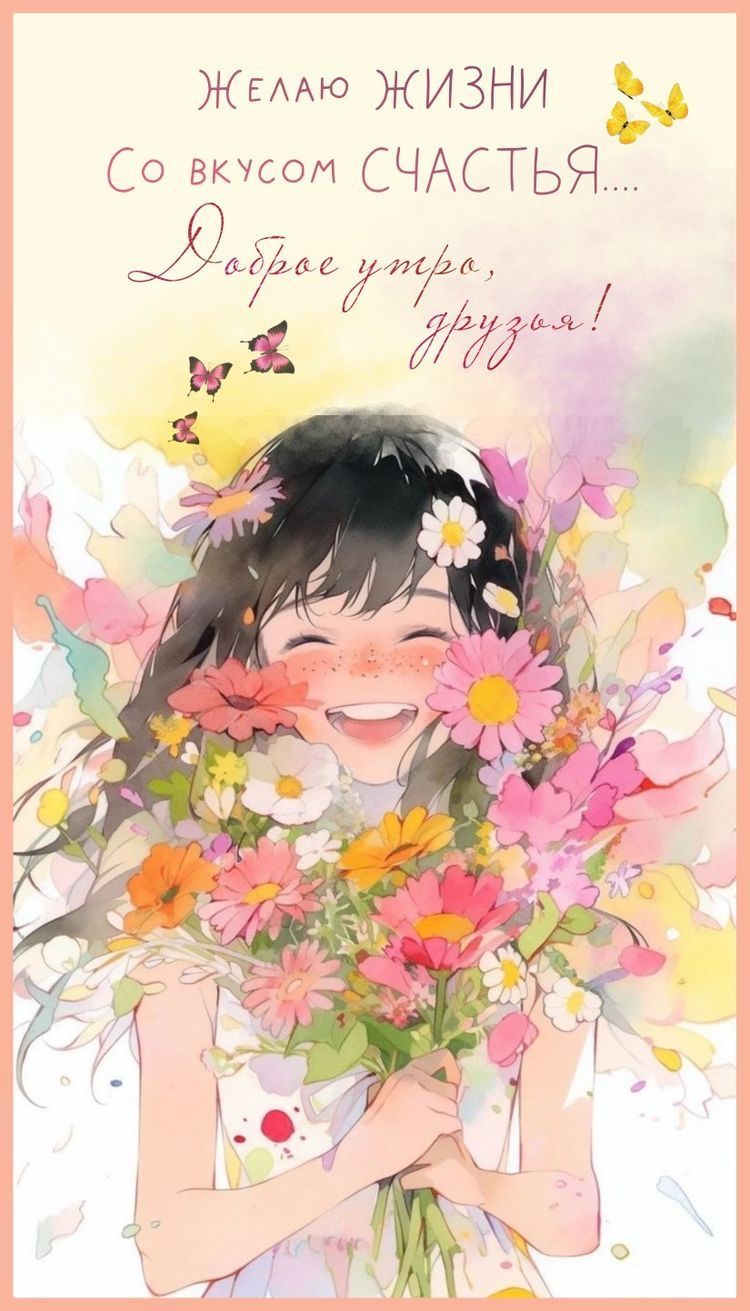Открытка «Пожелание»: Доброе утро, друзья! Жизни со вкусом счастья!. Тэги: улыбка, друг, женщина, девушка, красивая…
