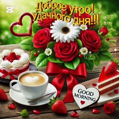 Открытка «Пожелание»: Доброе утро! Удачного дня! Красивое пожелание.. Тэги: утро, красивая, кофе, позитив, радость…