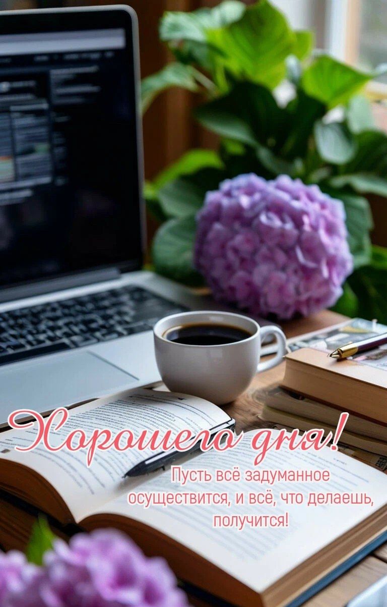 Открытка «Пожелание»: Хорошего дня! Теплое пожелание успеха и позитива. Тэги: утро, кофе, позитив, цветок, чашка…