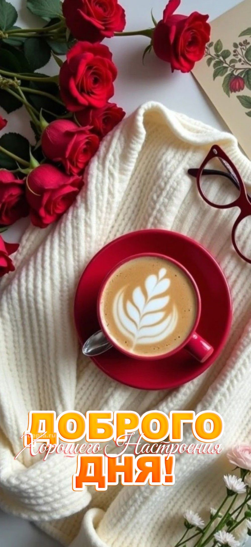 Открытка «Пожелание»: Доброго дня и хорошего настроения! Кофе и розы. Тэги: утро, красивая, кофе, позитив, хорошее на…