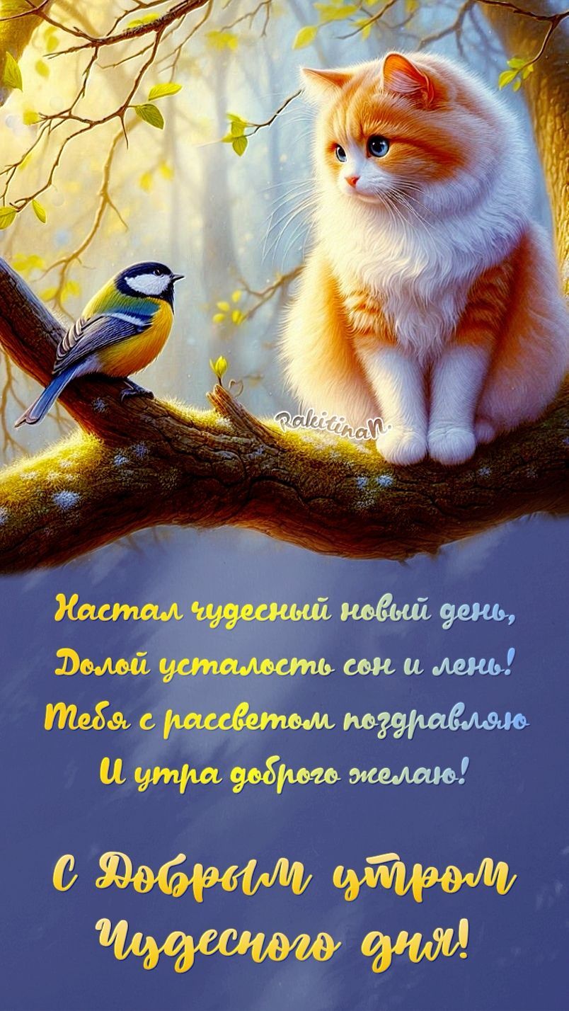 Открытка «С добрым утром»: С добрым утром! Кот, птица и чудесный день. Тэги: С добрым весенним утром, С добрым утром…